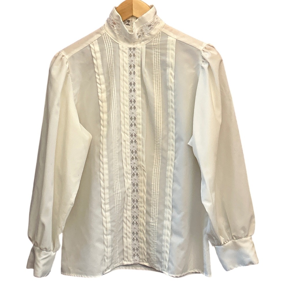 Vintage Laura Mae Blouse Victorian Edwardian Regencycore Ivory Lace High Neck 14